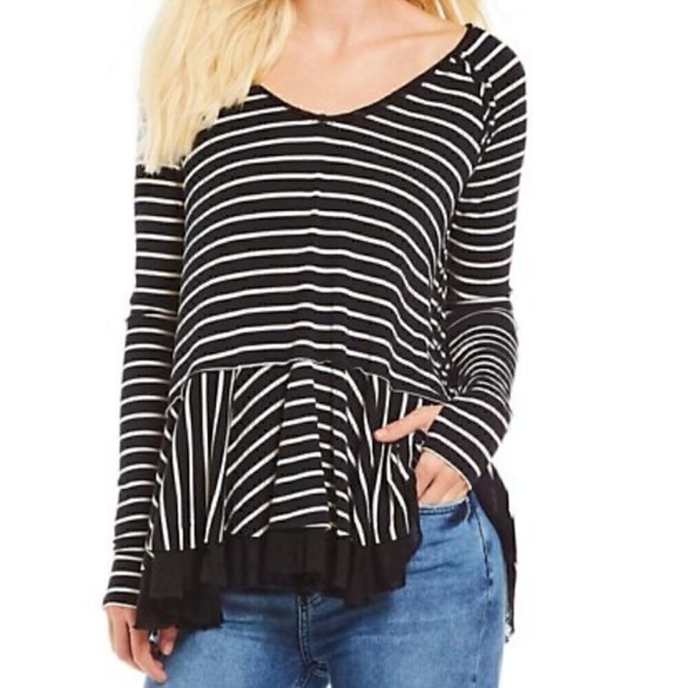 Free People Tangerine Striped Navy Peplum V-Neck Top Blouse - Size Small